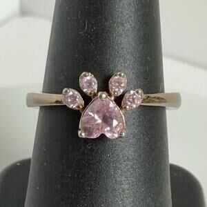 Sterling Silver Rose Gold Tone Pink Stone Paw Print Ring Adjustable Size 7
